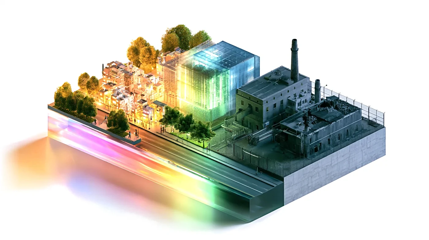 A road that forks: one side leads to a lit town around a working plant, the other to a dark, fenced, empty factory.