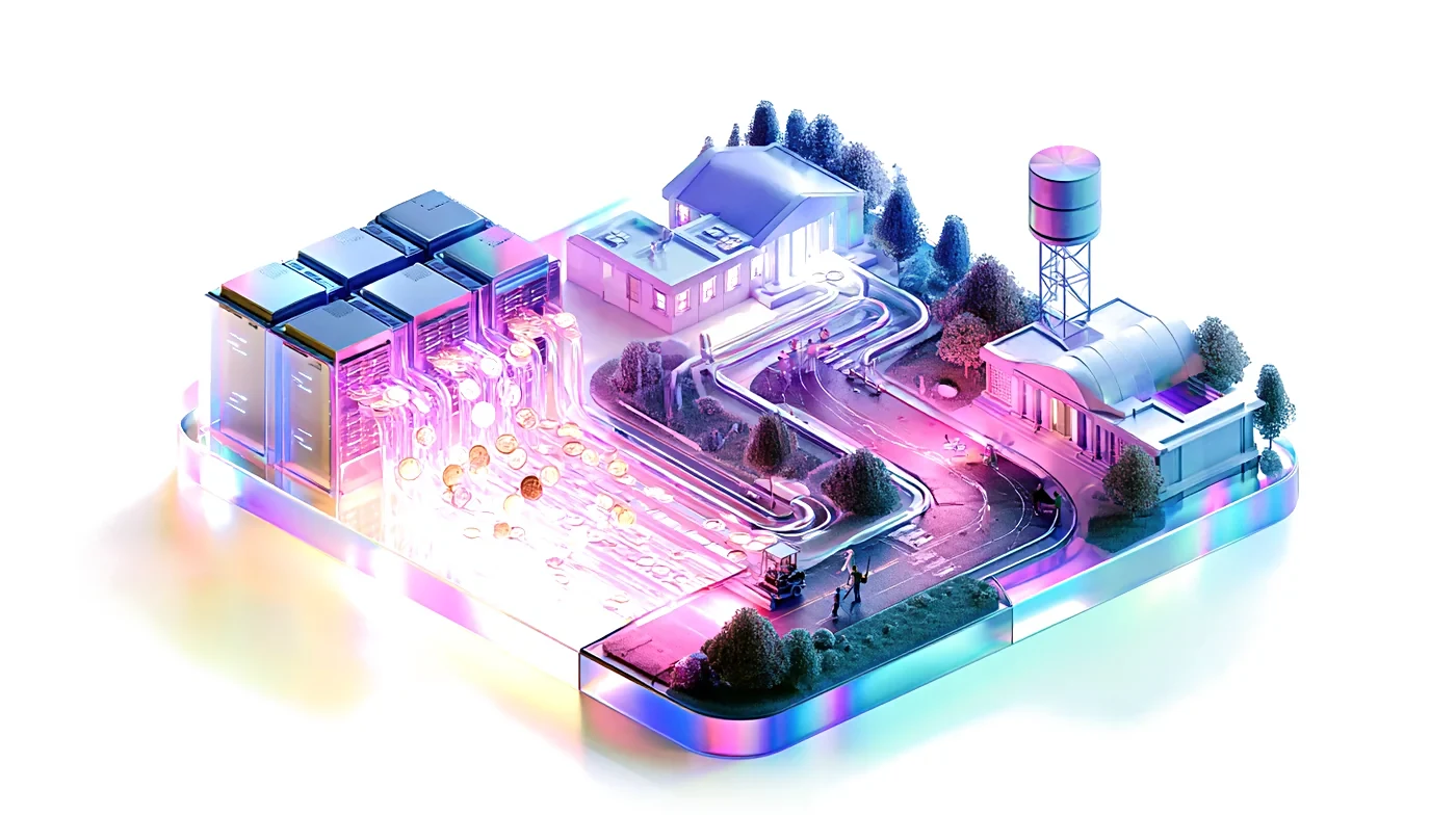 Glowing coins flowing from the reused plant through pipes to a school, a library, a road crew, and a water tower.