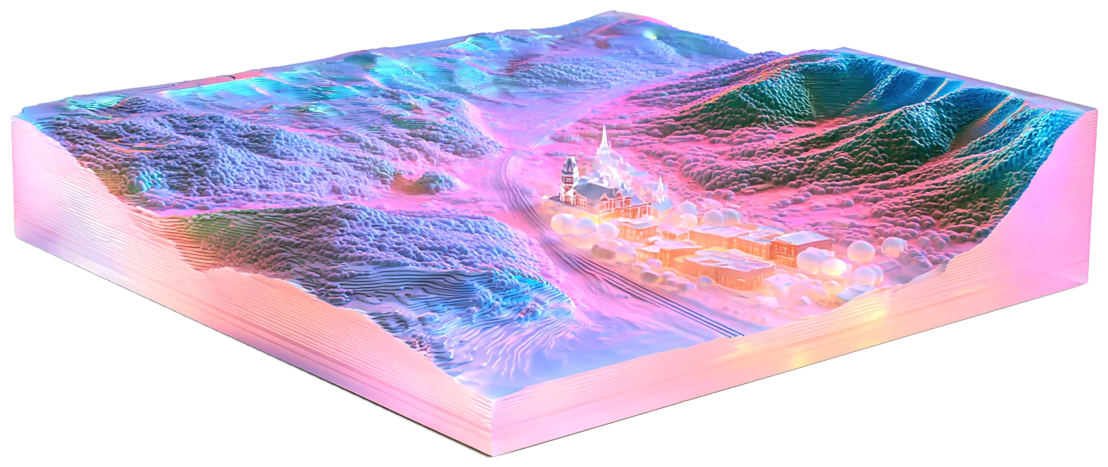 A glass relief model of Etowah at night under three stars like the ones on the Tennessee flag: the town and its historic depot sit in a valley along the rail line, with wooded foothills and mountain ridges all around.