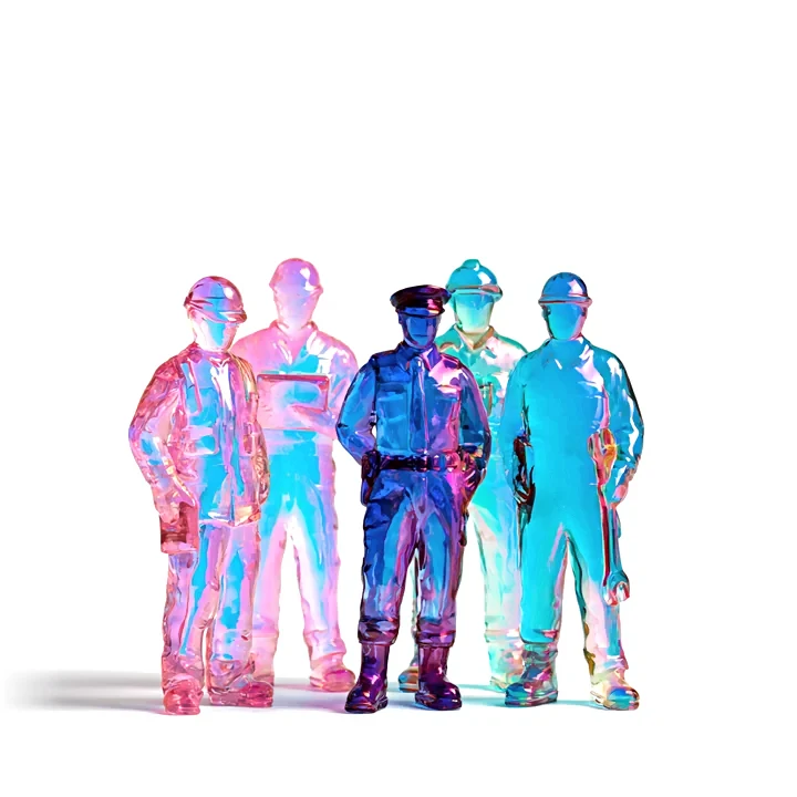 Glass figurines of an electrician, engineer, security officer and facilities technicians.